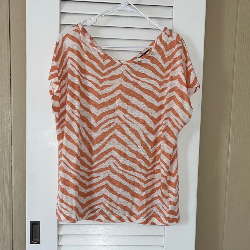 Tahari Women's Orange and White Chevron Linen Short Sleeve Top